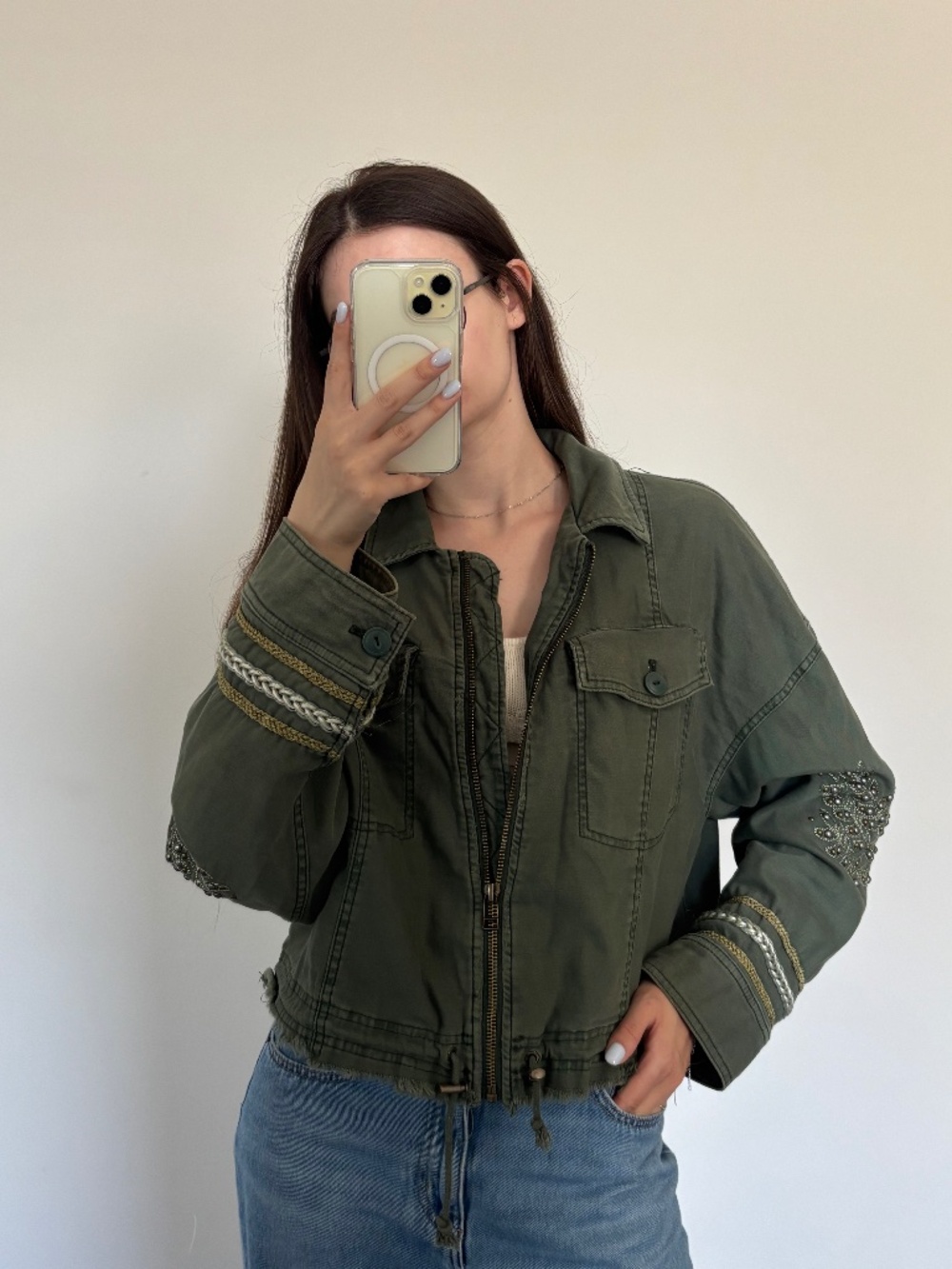 Free People Womens Olive Military Jacket Zip Front Beaded Embroidered Medium